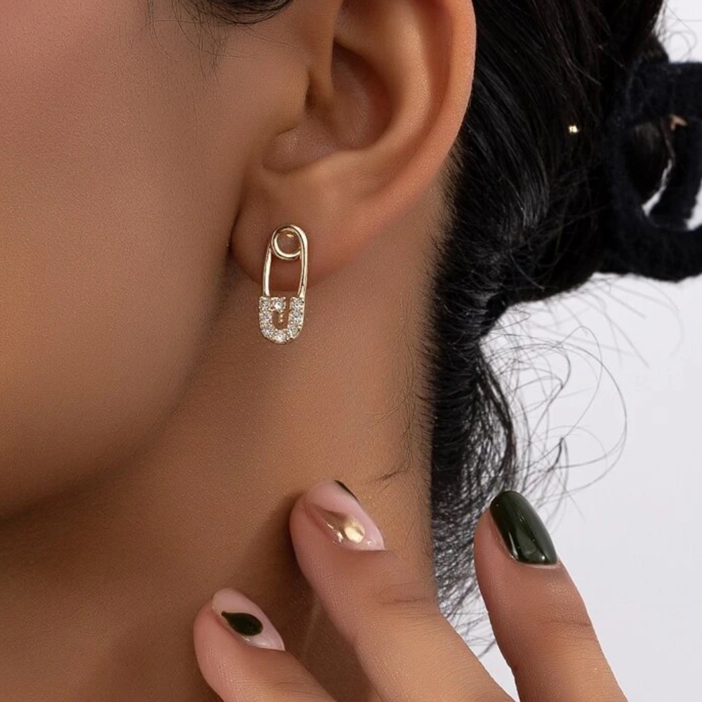 Gold Plated Stainless Steel Rhinestone Safety Pin Earrings